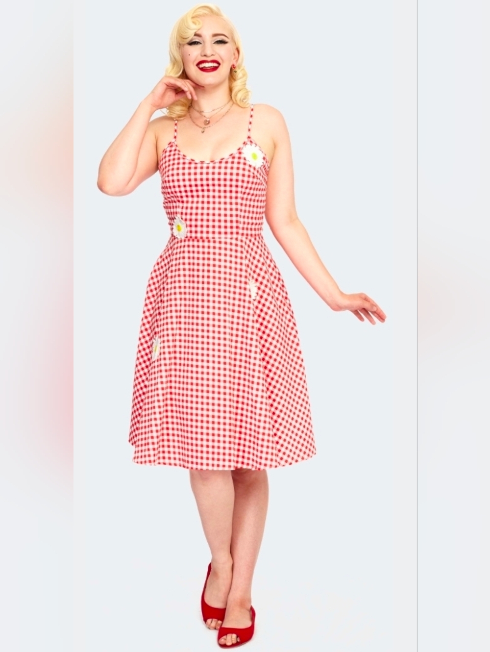 Voodoo Vixen Gingham Floral Flare Dress - Picture 2 of 7